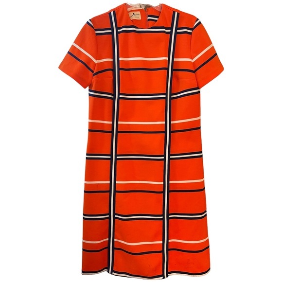 Vintage HERMAN MARCUS Dallas Shift Dress Orange Navy Check - Picture 1 of 11